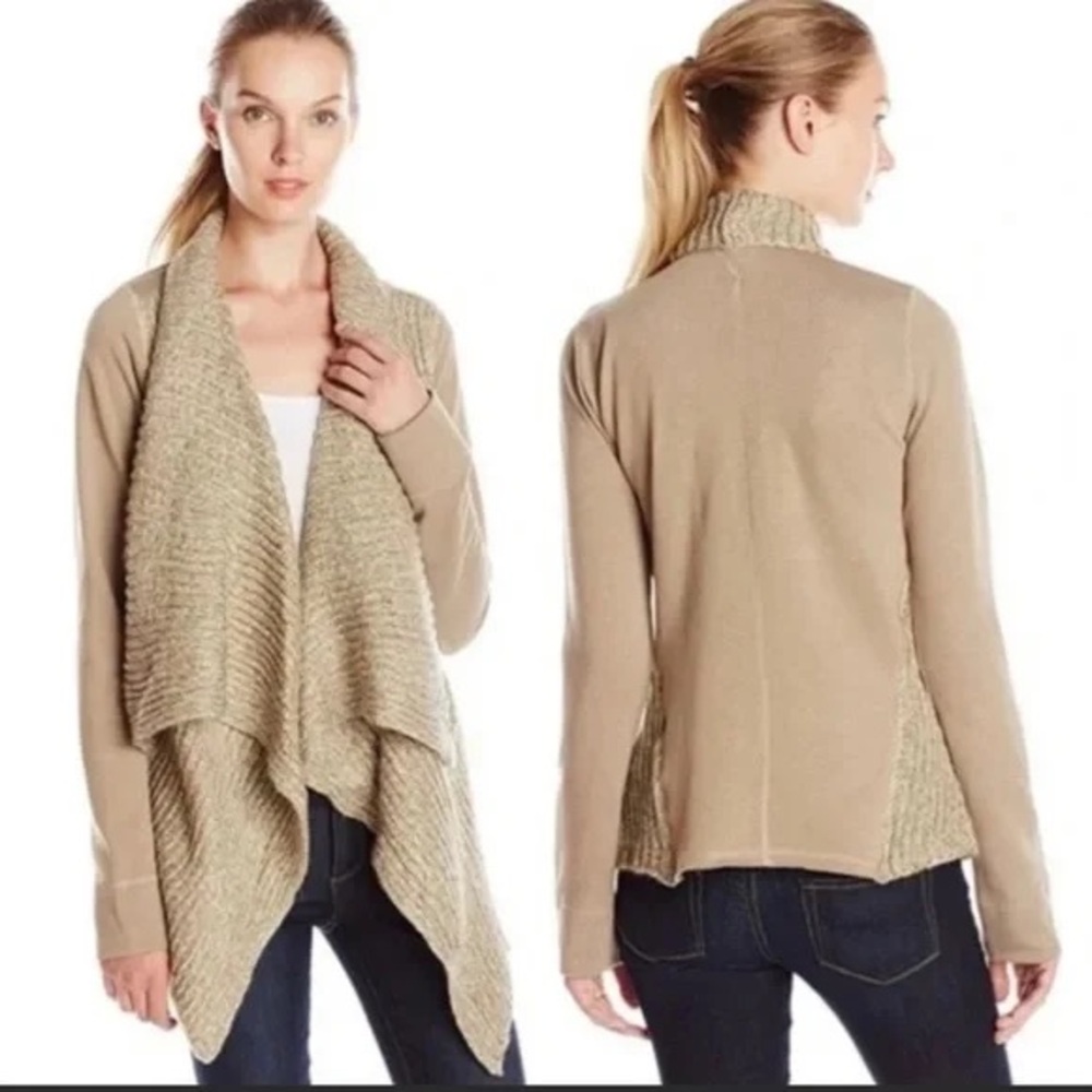 Prana Demure Beige and Tan Open Front Cardigan